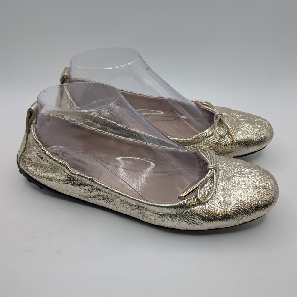 Tods Gommino Ballet Flats Gold Metallic Leather Slip On Bow Women 38‎ Balletcore